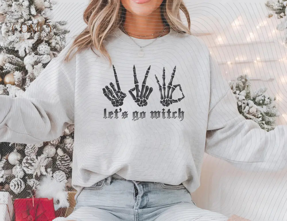 “1 2 3… Let’s Go Witch!” Skeleton Hand Sweatshirt • Spooky Halloween Crewneck • Unisex Fleece Sweater (S–3XL) Sweatshirt