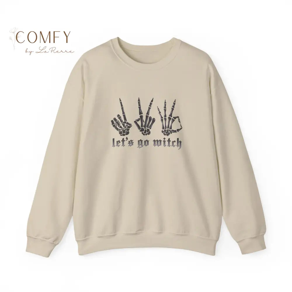 “1 2 3… Let’s Go Witch!” Skeleton Hand Sweatshirt • Spooky Halloween Crewneck • Unisex Fleece Sweater (S–3XL) Sand / S