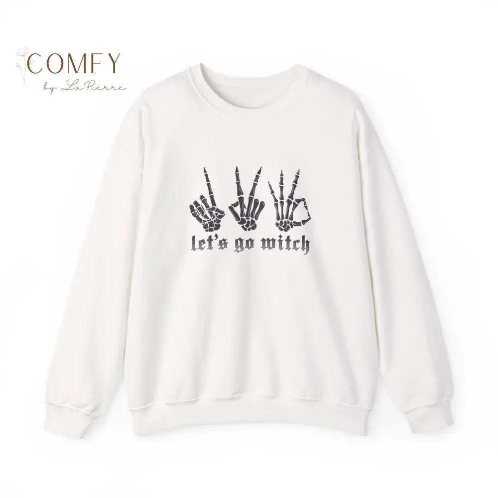 “1 2 3… Let’s Go Witch!” Skeleton Hand Sweatshirt • Spooky Halloween Crewneck • Unisex Fleece Sweater (S–3XL) White / S