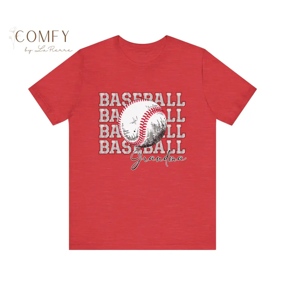 Baseball Grandma Shirt • Proud Baseball Granny Game Day Tee • Unisex Jersey Short Sleeve T-Shirt (XS–4XL) Heather Red