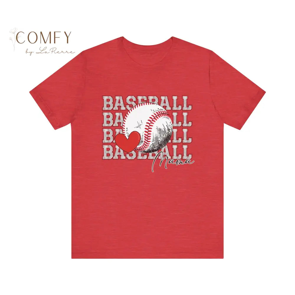 Baseball Mama Shirt • Proud Baseball Mom Game Day Tee • Unisex Jersey Short Sleeve T-Shirt (XS–5XL) Heather Red / S