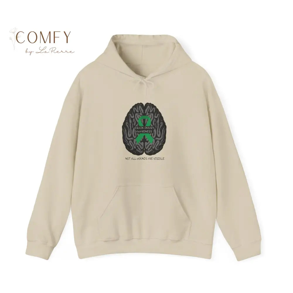 Brain Injury Awareness Hoodie • TBI Support Green Ribbon Sweatshirt • Unisex Heavy Blend™ Hooded Pullover (S–5XL) Sand