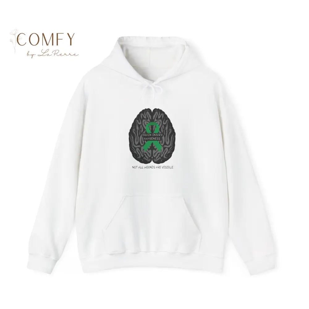 Brain Injury Awareness Hoodie • TBI Support Green Ribbon Sweatshirt • Unisex Heavy Blend™ Hooded Pullover (S–5XL) White