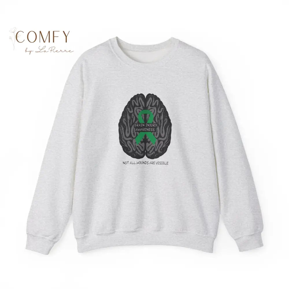 Brain Injury Awareness Sweatshirt • TBI Support Green Ribbon Crewneck • Unisex Heavy Blend™ Fleece (S–5XL) S / Ash