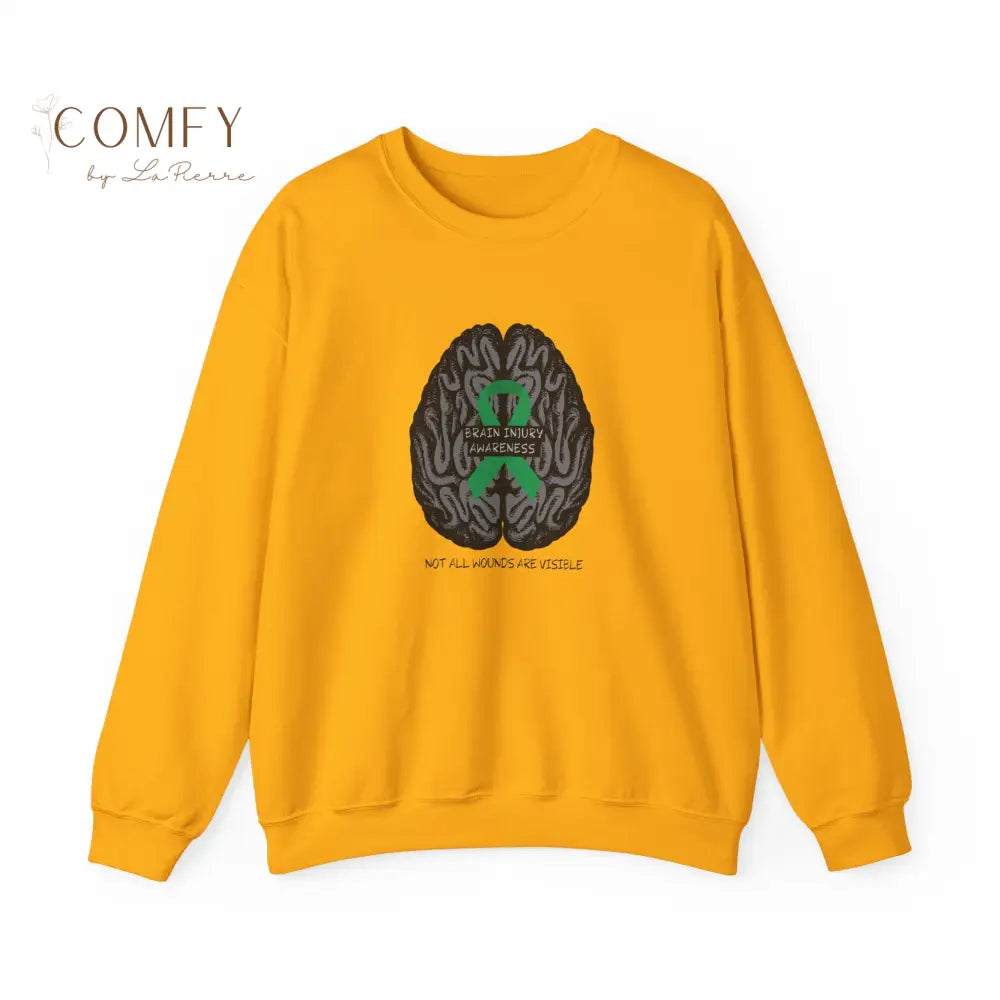 Brain Injury Awareness Sweatshirt • TBI Support Green Ribbon Crewneck • Unisex Heavy Blend™ Fleece (S–5XL) S / Gold