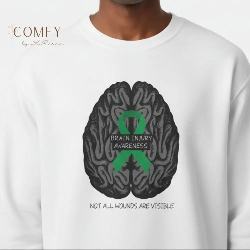 Brain Injury Awareness Sweatshirt • TBI Support Green Ribbon Crewneck • Unisex Heavy Blend™ Fleece (S–5XL) S / White