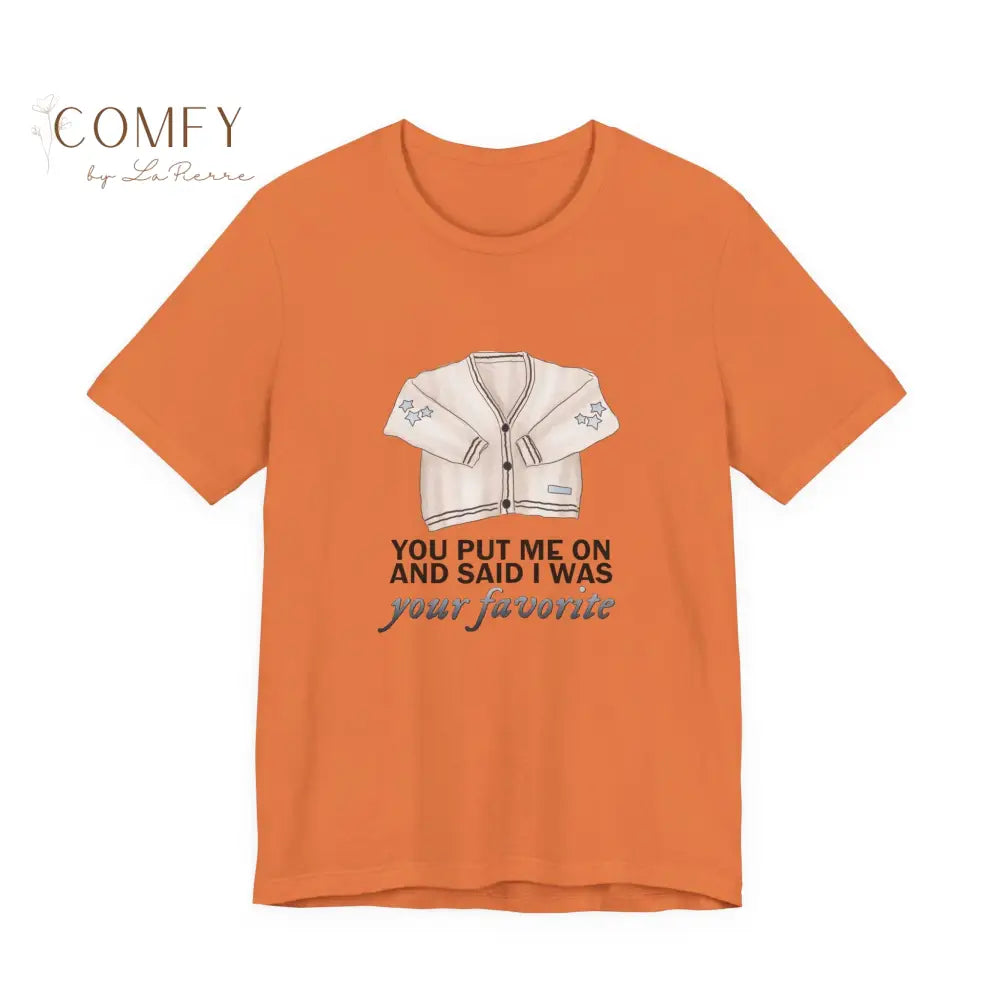 Cardigan-Inspired Tee • Soft Vintage Aesthetic Graphic Shirt • Unisex Jersey Short Sleeve T-Shirt (S–3XL) Burnt Orange