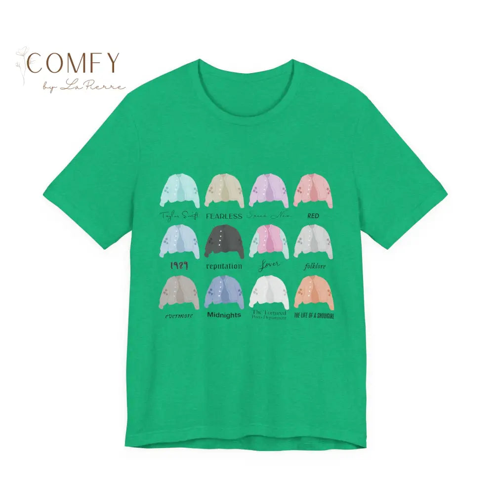 Cardigans through the Eras T-Shirt — Bella Canvas Unisex Tee (S-3XL) Heather Kelly / S T-Shirt