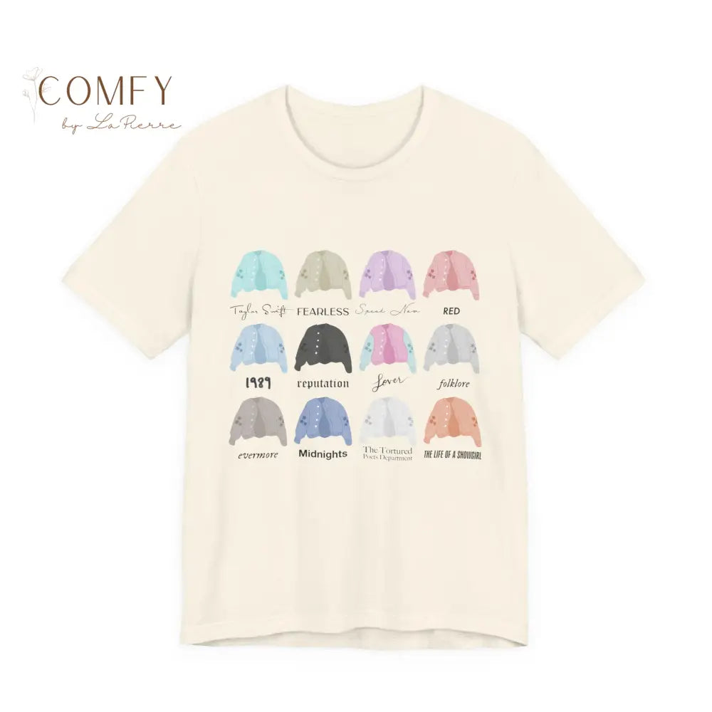 Cardigans through the Eras T-Shirt — Bella Canvas Unisex Tee (S-3XL) Natural / S T-Shirt