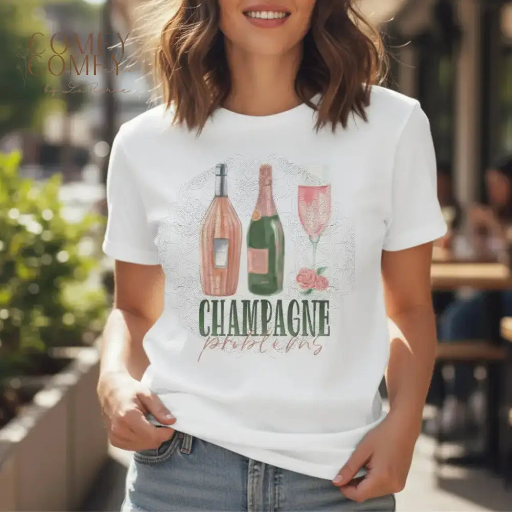 Champagne Problems Champagne Lover Graphic Tee • Bubbly Aesthetic Party Shirt • Unisex Jersey T-Shirt (XS–4XL) T-Shirt