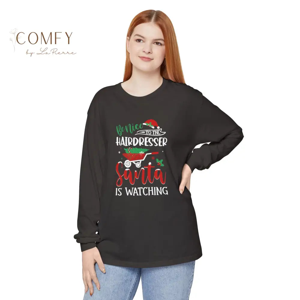 Christmas Hairdresser Shirt • Holiday Hairstylist Long Sleeve Tee • Festive Salon Stylist Graphic Shirt • Unisex Long