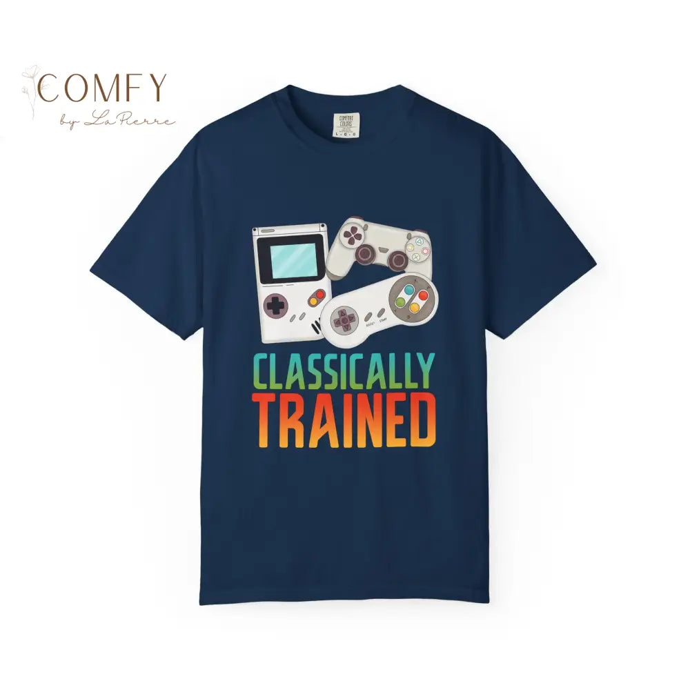 Classically Trained Gamer T-Shirt — Retro Game Console Graphic Tee (S-4XL) Navy / S T-Shirt
