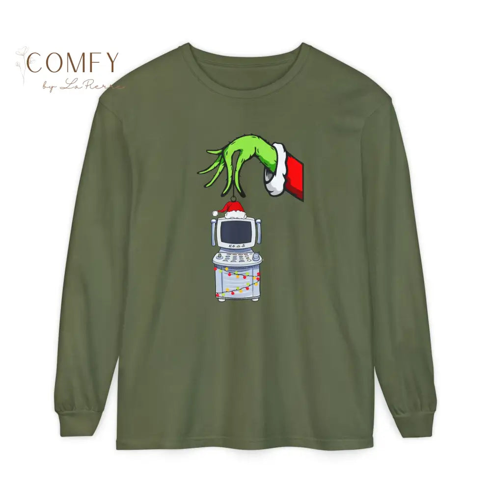 Green Furry Hand Holding Ultrasound Shirt • Funny Pregnancy Reveal Long Sleeve Tee • Sonogram Technician Humor Shirt