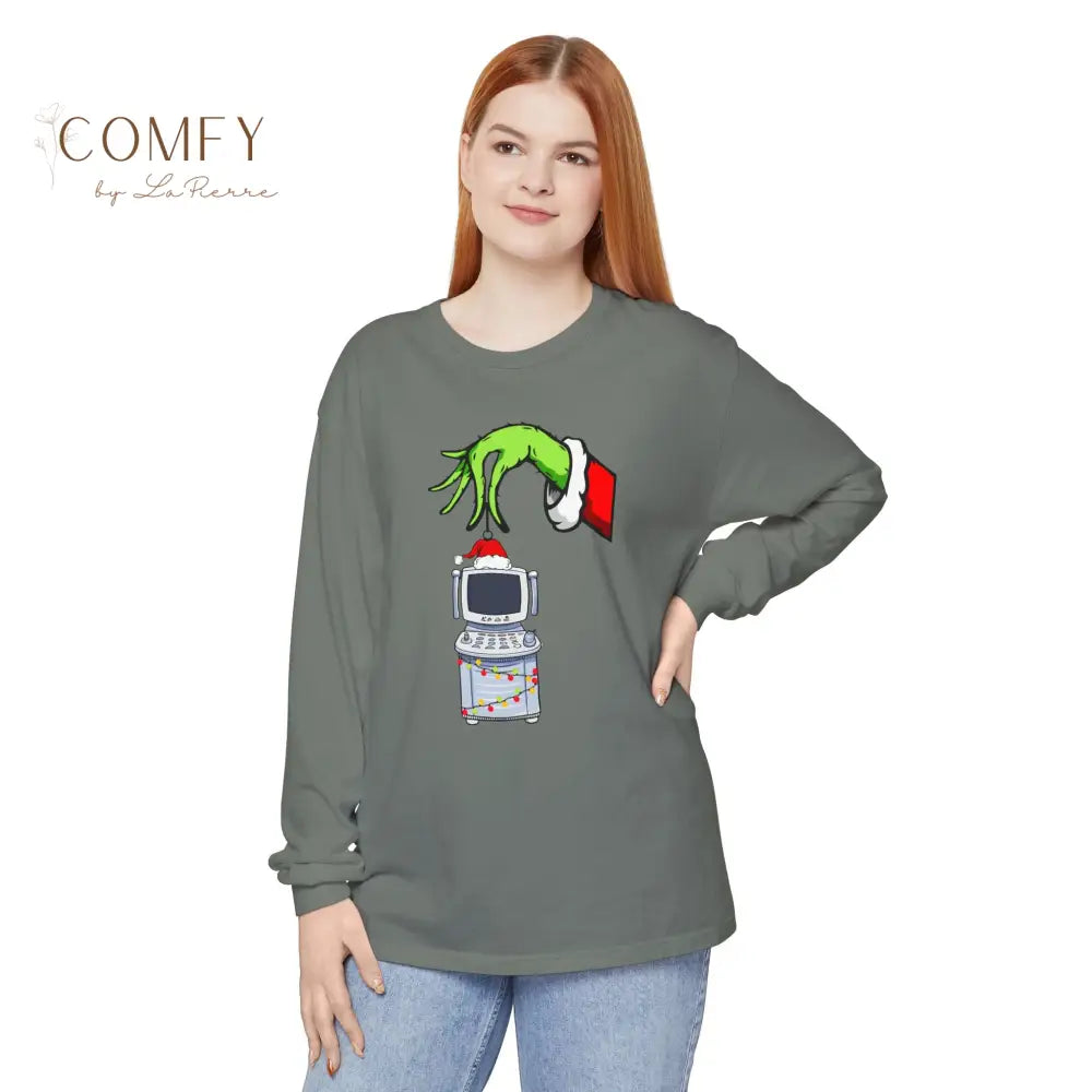 Green Furry Hand Holding Ultrasound Shirt • Funny Pregnancy Reveal Long Sleeve Tee • Sonogram Technician Humor Shirt