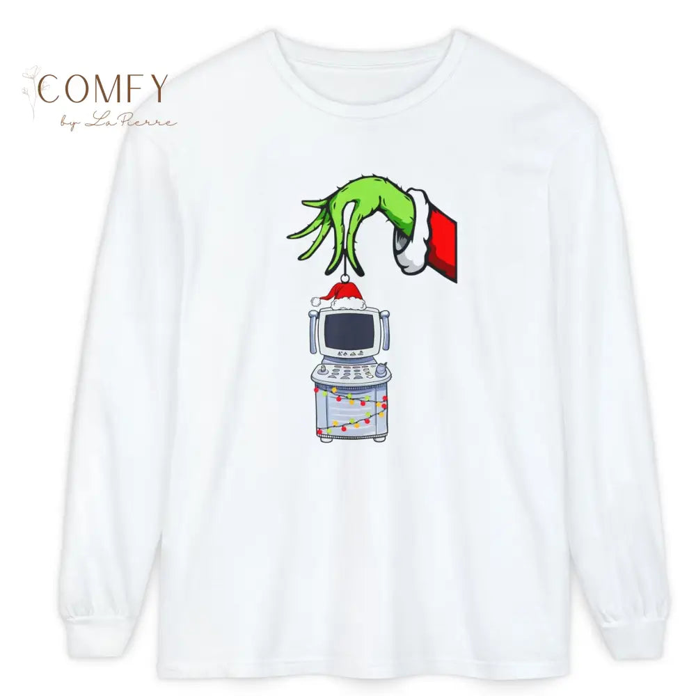 Green Furry Hand Holding Ultrasound Shirt • Funny Pregnancy Reveal Long Sleeve Tee • Sonogram Technician Humor Shirt