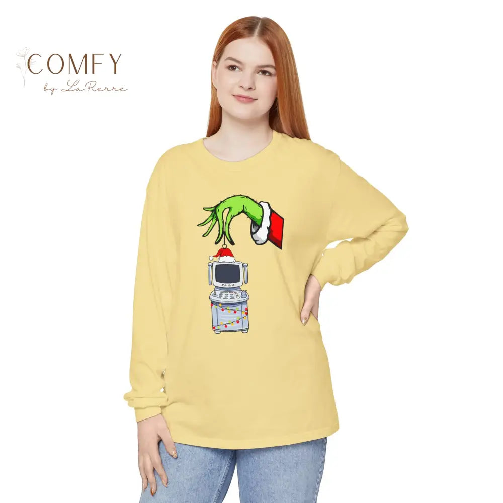 Green Furry Hand Holding Ultrasound Shirt • Funny Pregnancy Reveal Long Sleeve Tee • Sonogram Technician Humor Shirt