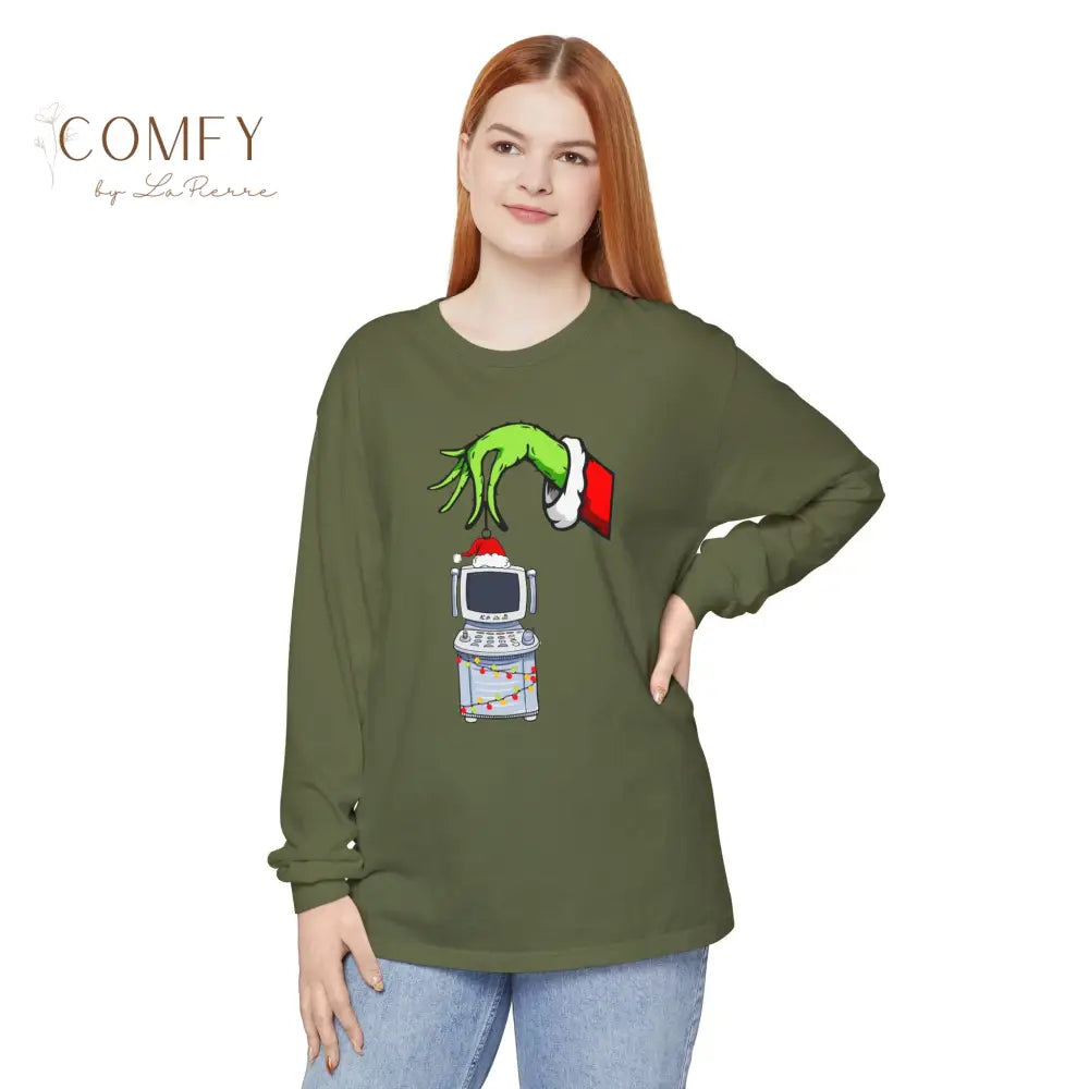 Green Furry Hand Holding Ultrasound Shirt • Funny Pregnancy Reveal Long Sleeve Tee • Sonogram Technician Humor Shirt