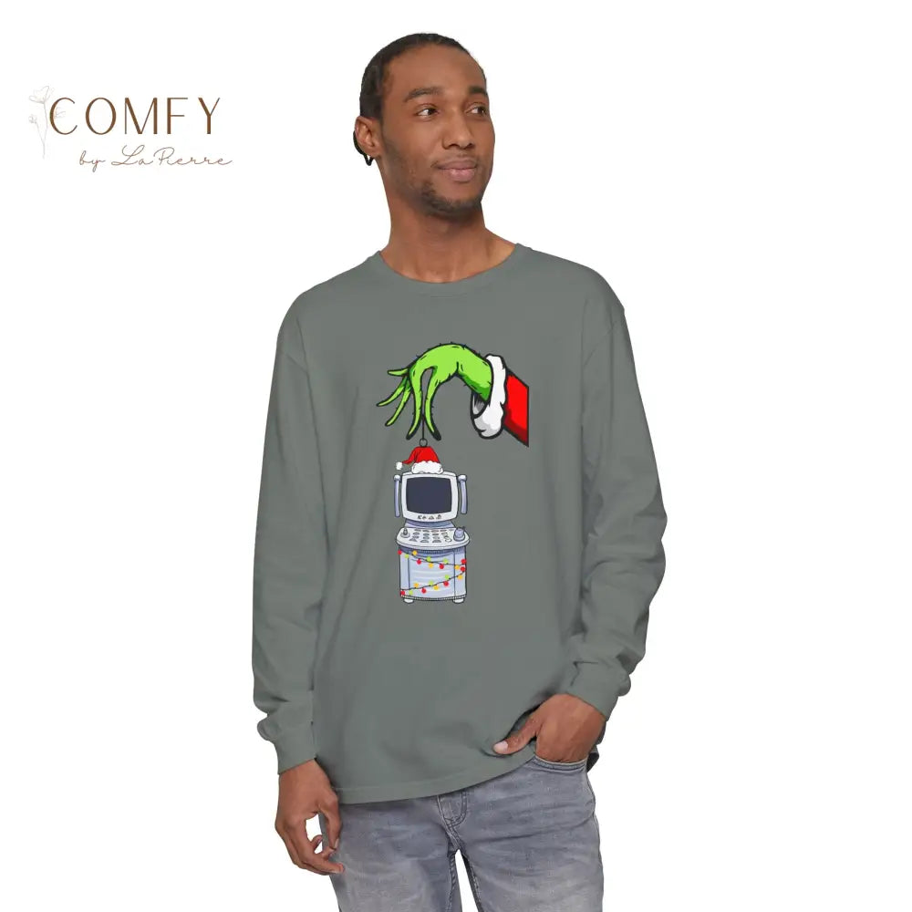 Green Furry Hand Holding Ultrasound Shirt • Funny Pregnancy Reveal Long Sleeve Tee • Sonogram Technician Humor Shirt