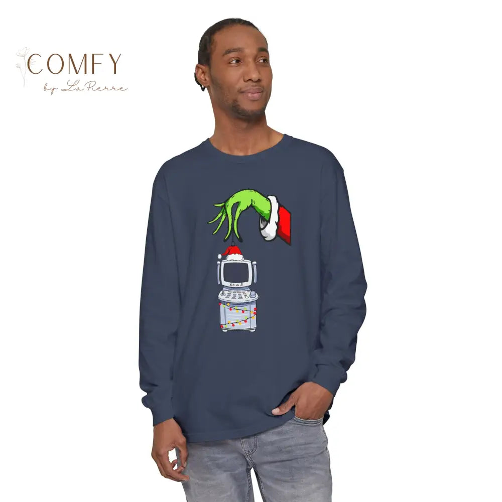 Green Furry Hand Holding Ultrasound Shirt • Funny Pregnancy Reveal Long Sleeve Tee • Sonogram Technician Humor Shirt