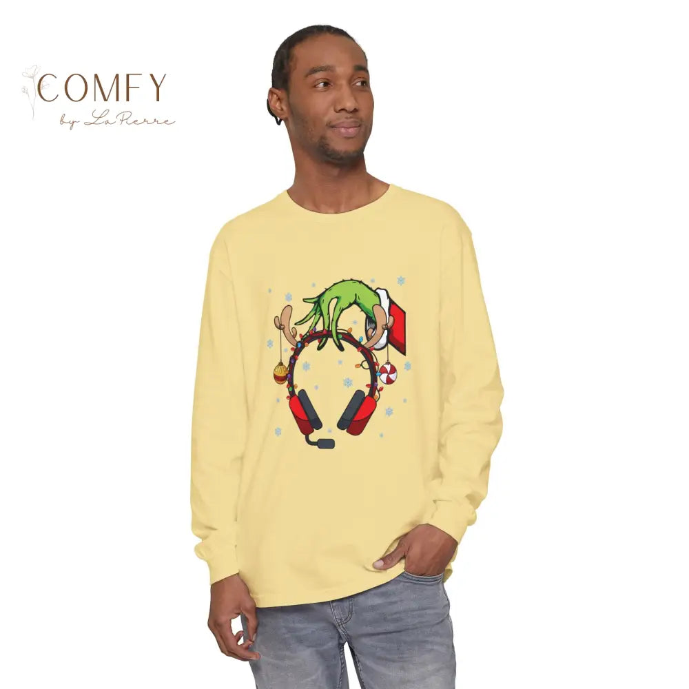 Grinch Hand Holding Head Phones - Unisex Long Sleeve T-Shirt (S-3XL) Long-sleeve