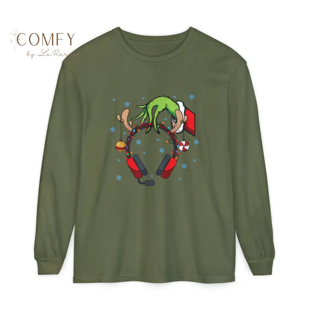 Grinch Hand Holding Head Phones - Unisex Long Sleeve T-Shirt (S-3XL) Long-sleeve