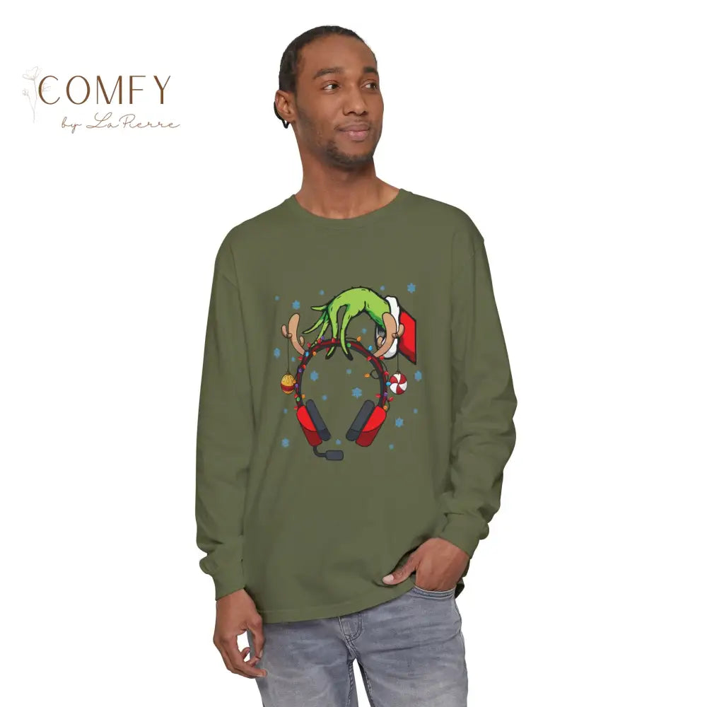 Grinch Hand Holding Head Phones - Unisex Long Sleeve T-Shirt (S-3XL) Long-sleeve