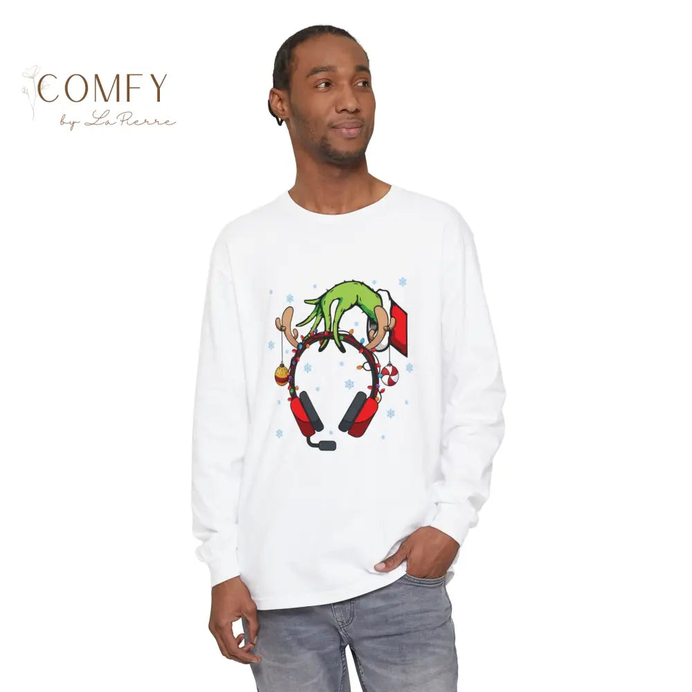 Grinch Hand Holding Head Phones - Unisex Long Sleeve T-Shirt (S-3XL) Long-sleeve