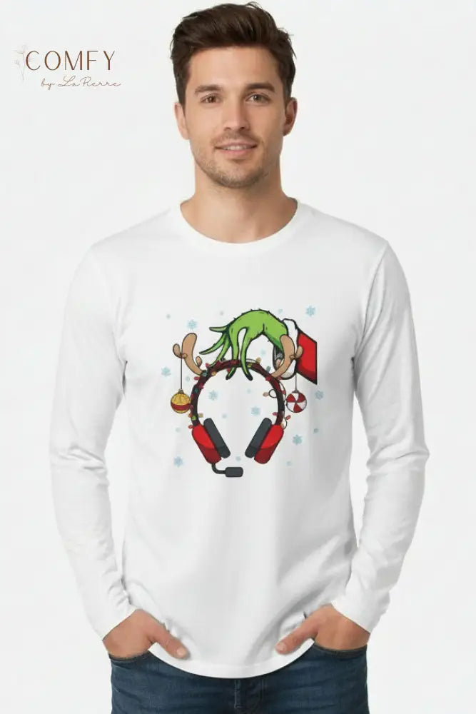 Grinch Hand Holding Head Phones - Unisex Long Sleeve T-Shirt (S-3XL) Long-sleeve