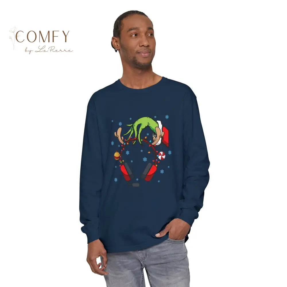 Grinch Hand Holding Head Phones - Unisex Long Sleeve T-Shirt (S-3XL) Long-sleeve