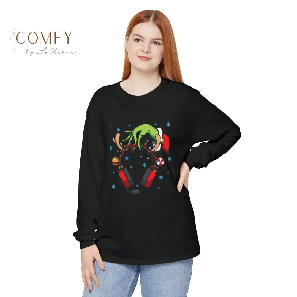 Grinch Hand Holding Head Phones - Unisex Long Sleeve T-Shirt (S-3XL) Black / S Long-sleeve