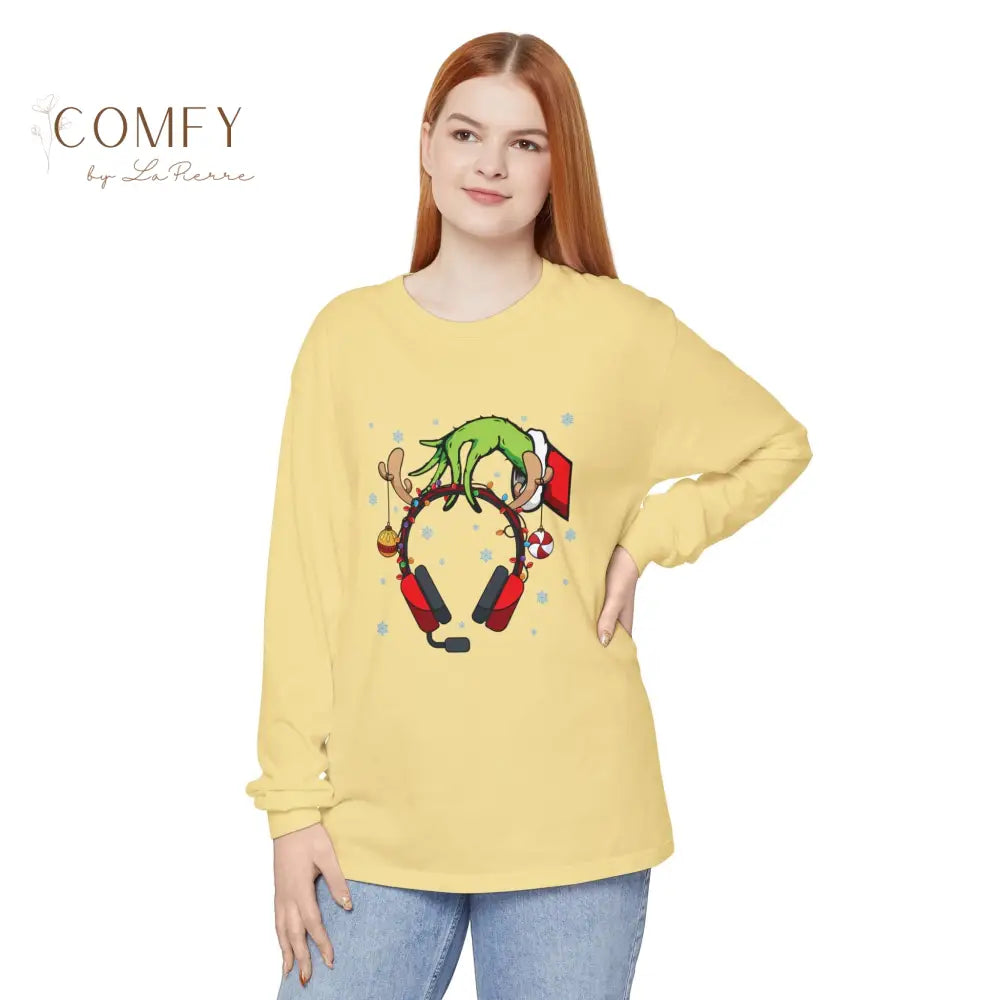Grinch Hand Holding Head Phones - Unisex Long Sleeve T-Shirt (S-3XL) Butter / S Long-sleeve