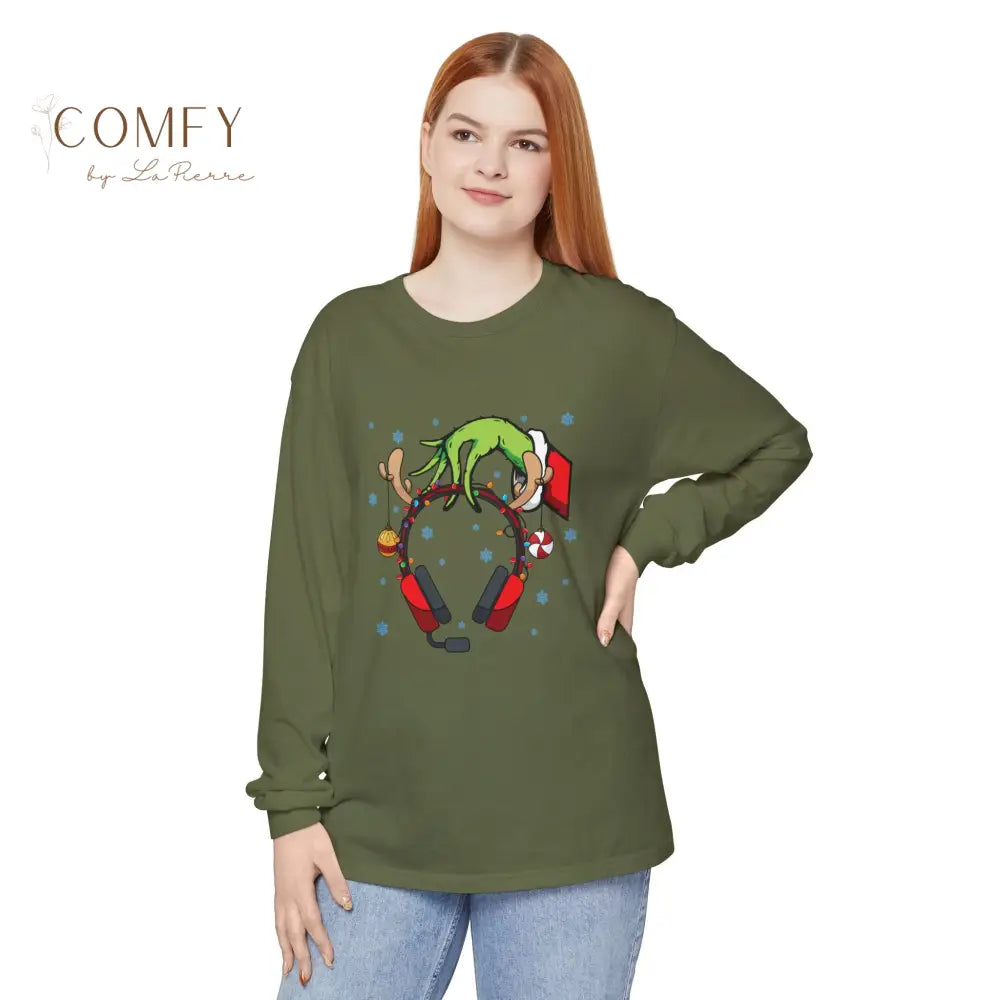 Grinch Hand Holding Head Phones - Unisex Long Sleeve T-Shirt (S-3XL) Hemp / S Long-sleeve