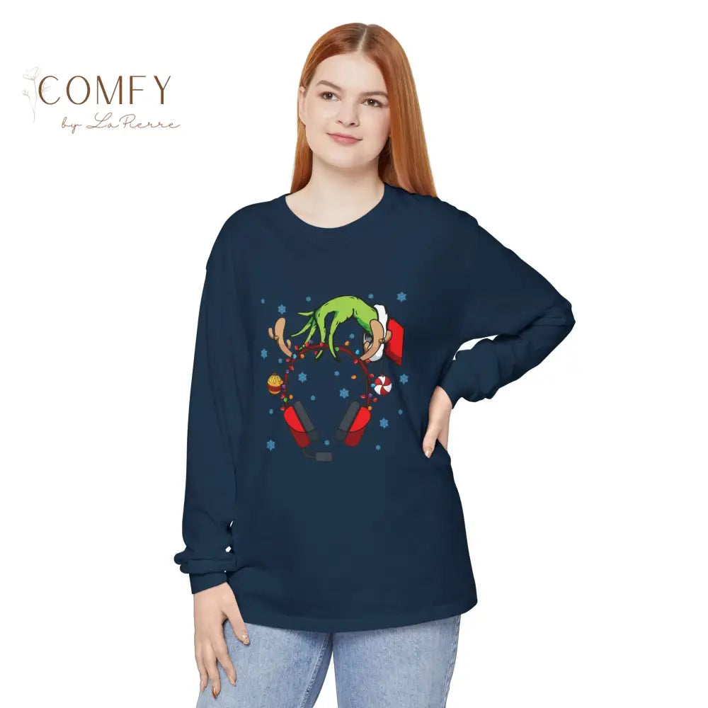 Grinch Hand Holding Head Phones - Unisex Long Sleeve T-Shirt (S-3XL) True Navy / S Long-sleeve