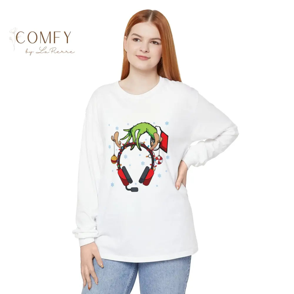 Grinch Hand Holding Head Phones - Unisex Long Sleeve T-Shirt (S-3XL) White / S Long-sleeve
