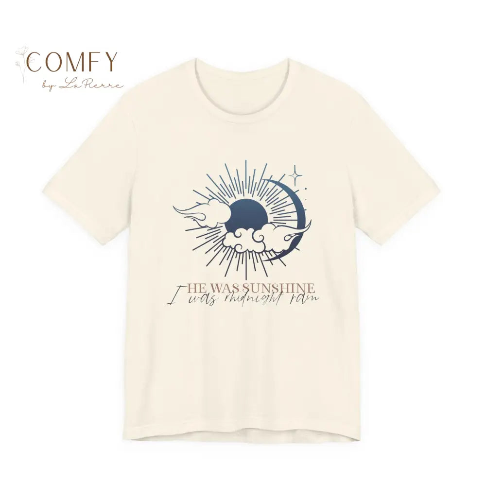 I Was Midnight Rain - Poetic Contrast Tee • Aesthetic Sun & Moon Quote Shirt • Unisex Jersey T-Shirt (S–3XL) Natural
