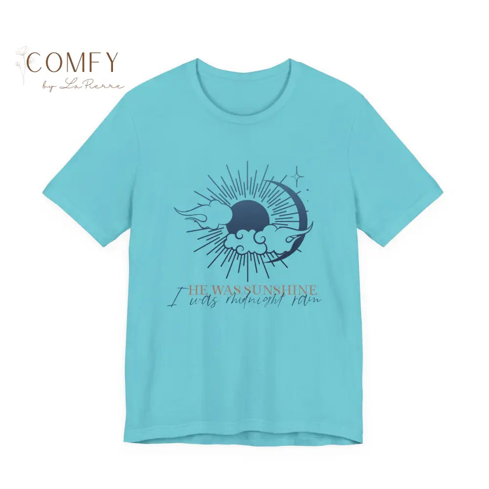 I Was Midnight Rain - Poetic Contrast Tee • Aesthetic Sun & Moon Quote Shirt • Unisex Jersey T-Shirt (S–3XL) Turquoise
