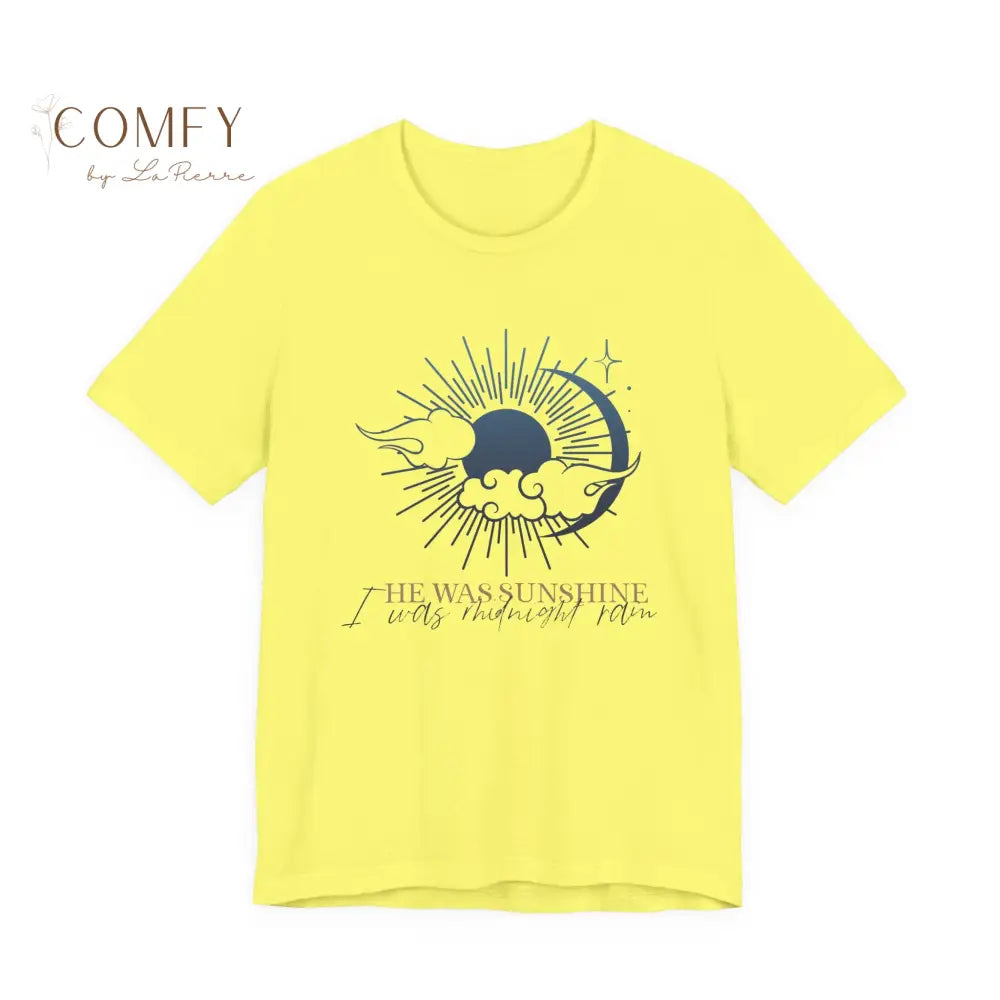 I Was Midnight Rain - Poetic Contrast Tee • Aesthetic Sun & Moon Quote Shirt • Unisex Jersey T-Shirt (S–3XL) Yellow / S