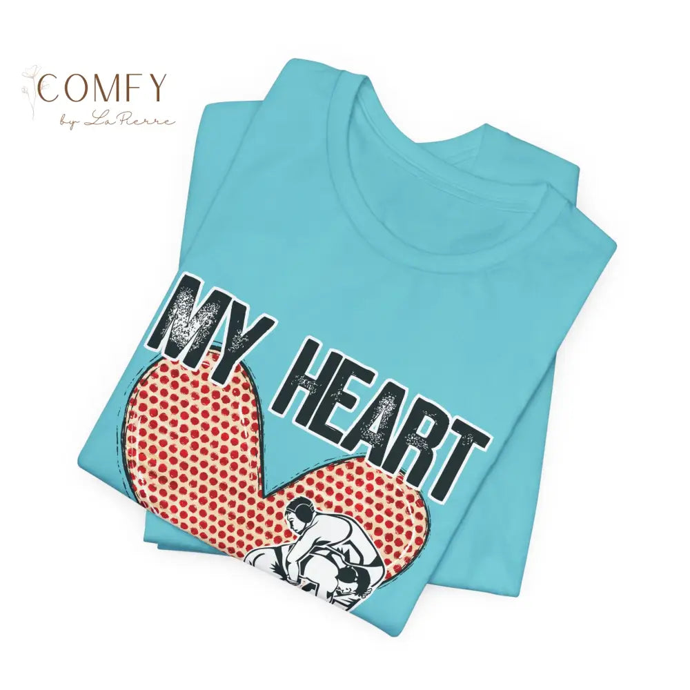 “My Heart Is on That Mat” Wrestling Shirt • Wrestler Mom & Supporter Tee • Unisex Jersey Short Sleeve T-Shirt (XS–5XL)