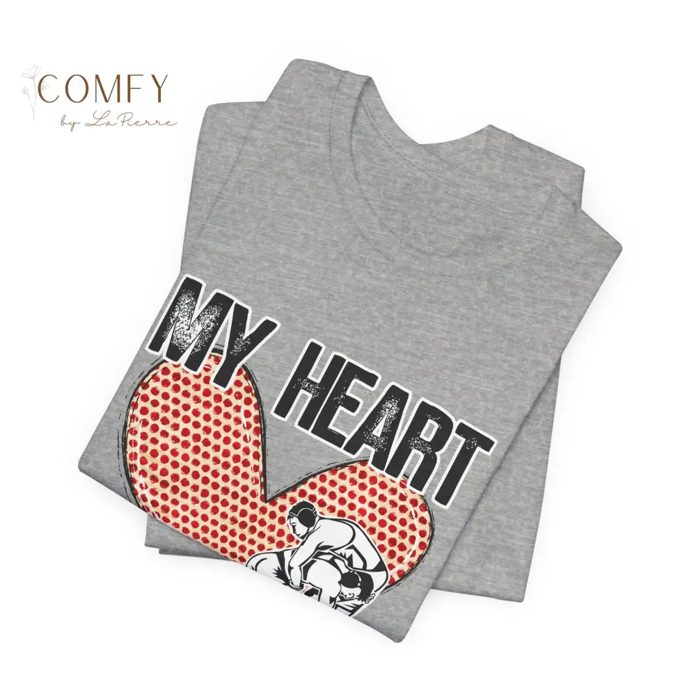 “My Heart Is on That Mat” Wrestling Shirt • Wrestler Mom & Supporter Tee • Unisex Jersey Short Sleeve T-Shirt (XS–5XL)