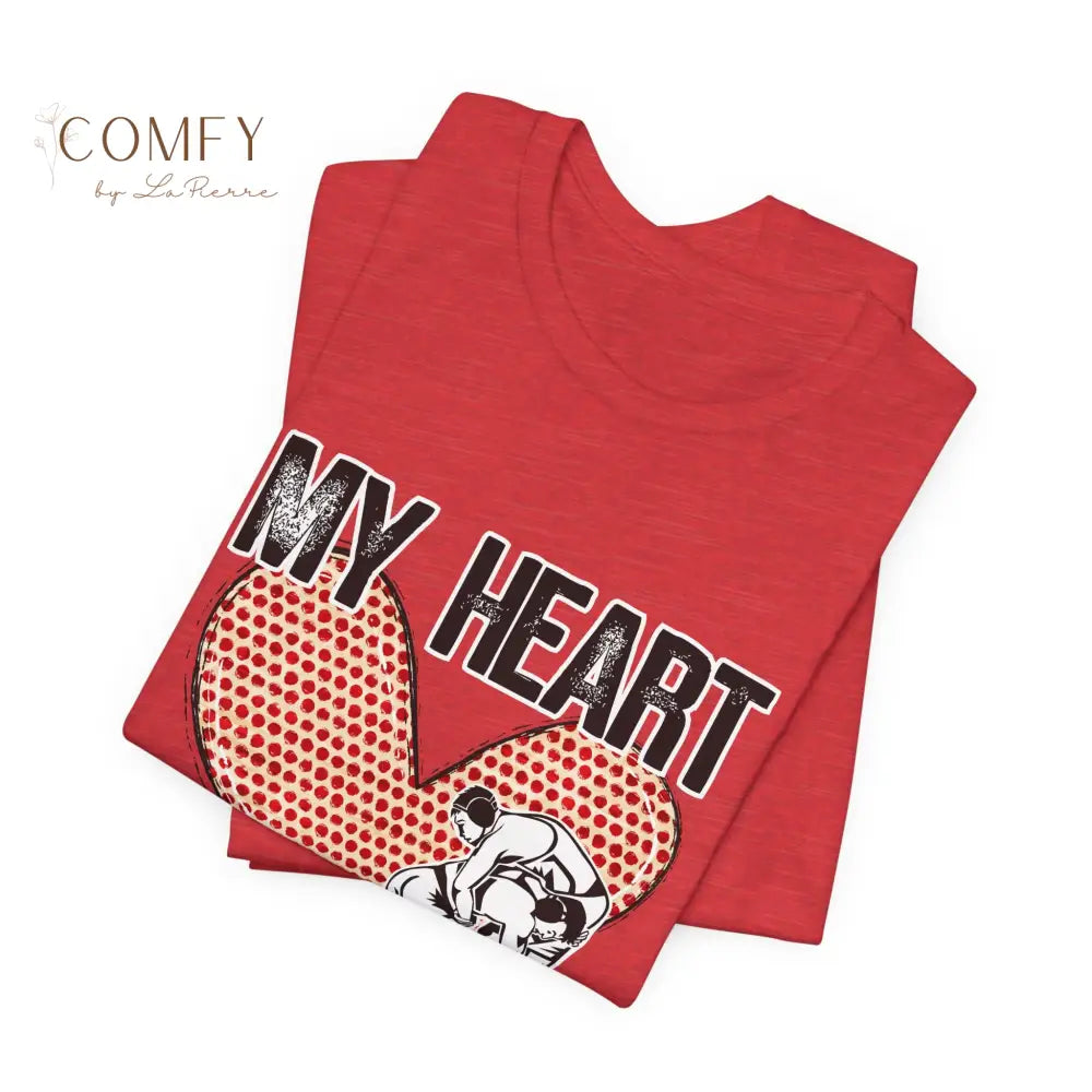 “My Heart Is on That Mat” Wrestling Shirt • Wrestler Mom & Supporter Tee • Unisex Jersey Short Sleeve T-Shirt (XS–5XL)