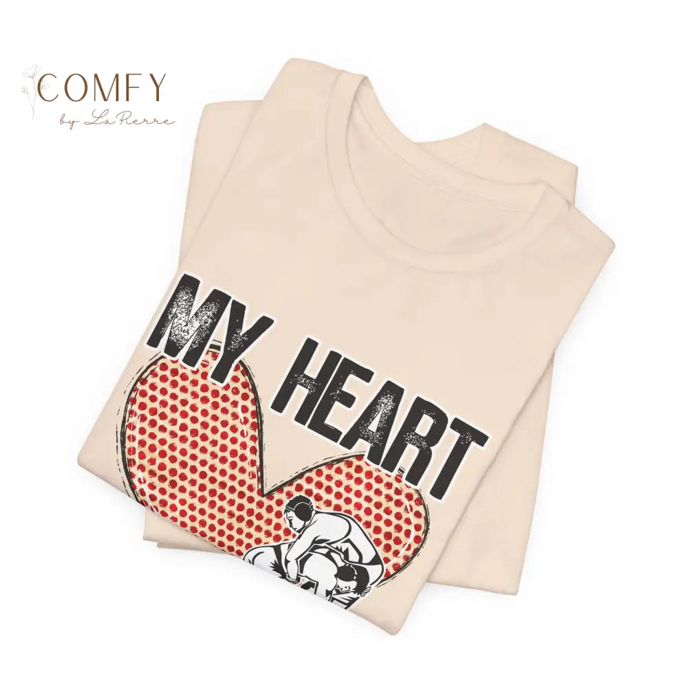 “My Heart Is on That Mat” Wrestling Shirt • Wrestler Mom & Supporter Tee • Unisex Jersey Short Sleeve T-Shirt (XS–5XL)