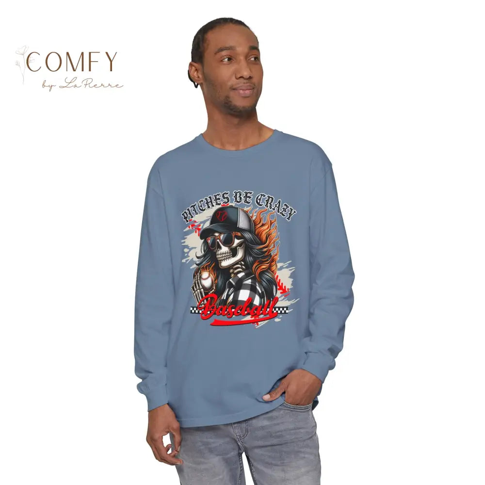 Pitches Be Crazy Skeleton Baseball - Unisex Long Sleeve T-Shirt (S-3XL) Blue Jean / S Long-sleeve