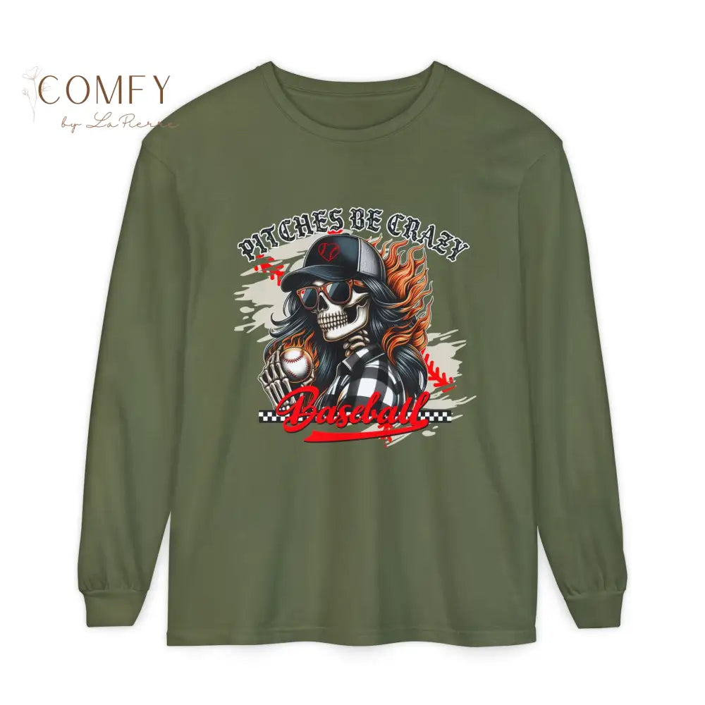 Pitches Be Crazy Skeleton Baseball - Unisex Long Sleeve T-Shirt (S-3XL) Hemp / S Long-sleeve