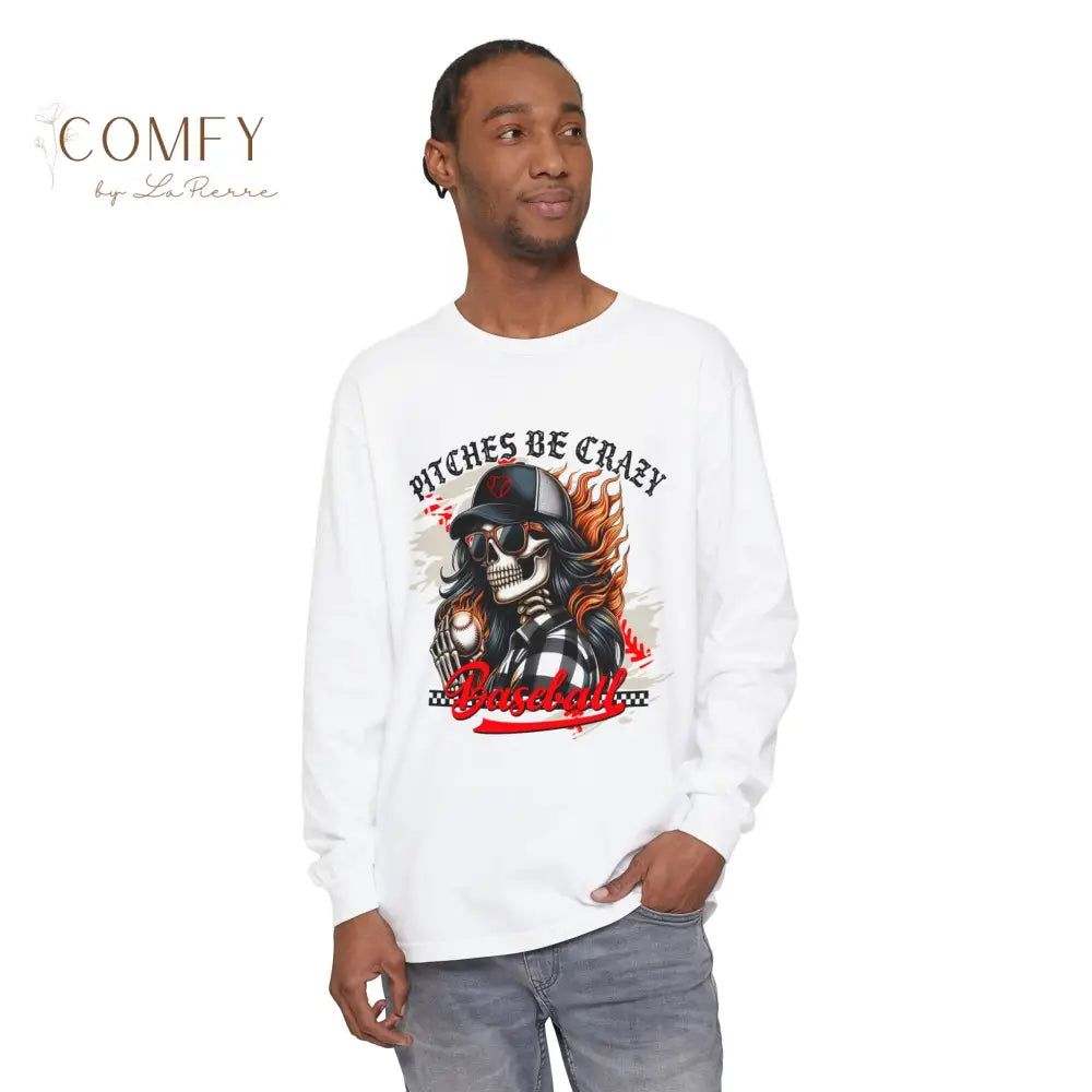 Pitches Be Crazy Skeleton Baseball - Unisex Long Sleeve T-Shirt (S-3XL) White / S Long-sleeve