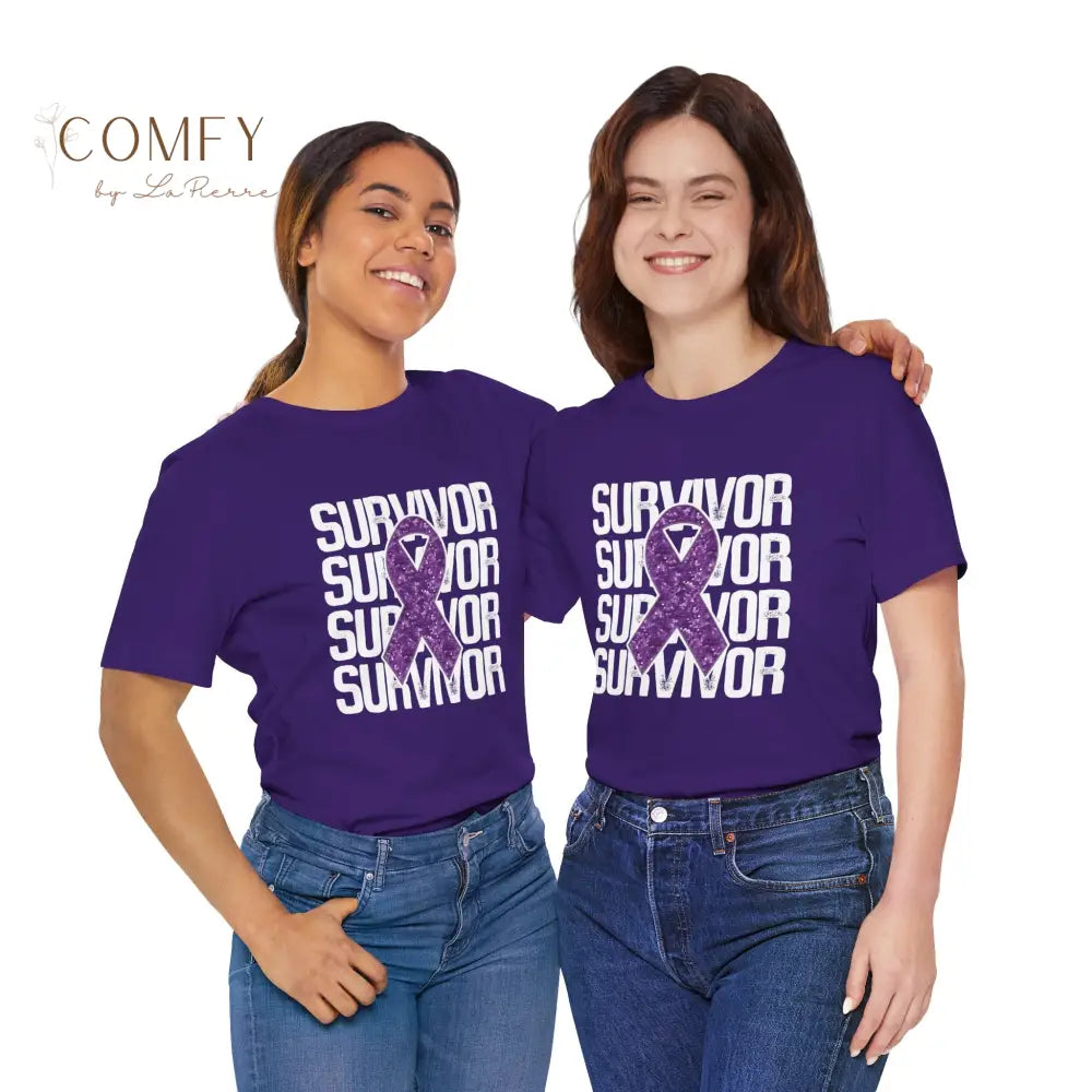 Purple Ribbon Cancer Survivor Shirt • Awareness Support Tee • Unisex Jersey Short Sleeve T-Shirt (XS–4XL) T-Shirt