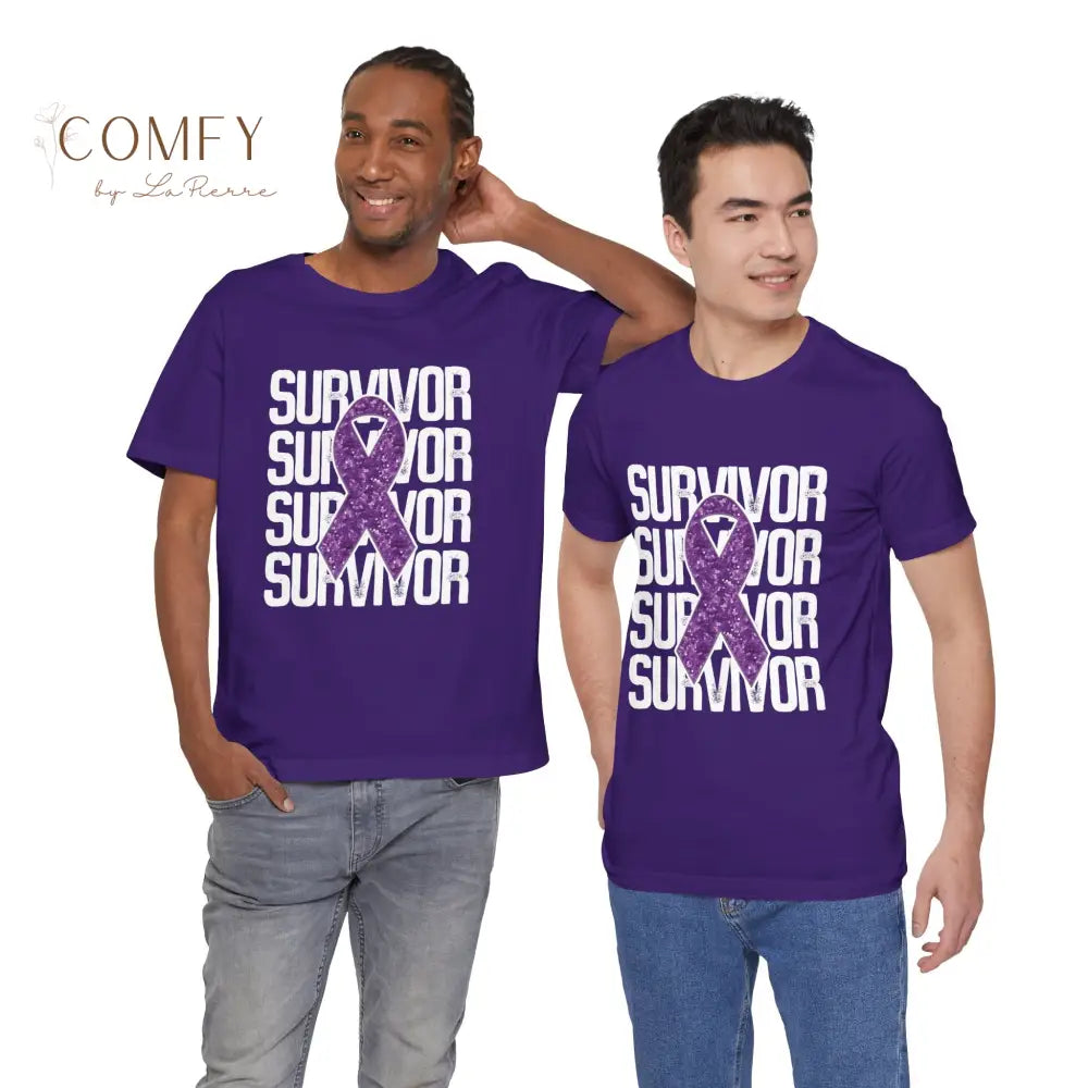 Purple Ribbon Cancer Survivor Shirt • Awareness Support Tee • Unisex Jersey Short Sleeve T-Shirt (XS–4XL) Team Purple