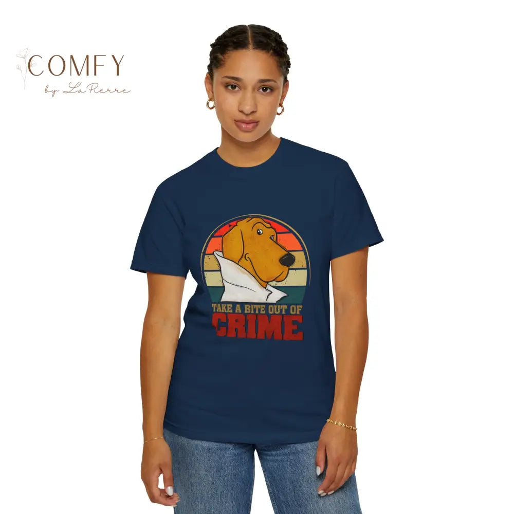 Retro Crime Dog Shirt • Vintage Crime Prevention Tee • 80s Style Mascot Graphic T-Shirt • Nostalgic Crime Dog Shirt