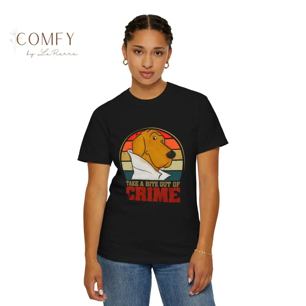 Retro Crime Dog Shirt • Vintage Crime Prevention Tee • 80s Style Mascot Graphic T-Shirt • Nostalgic Crime Dog Shirt