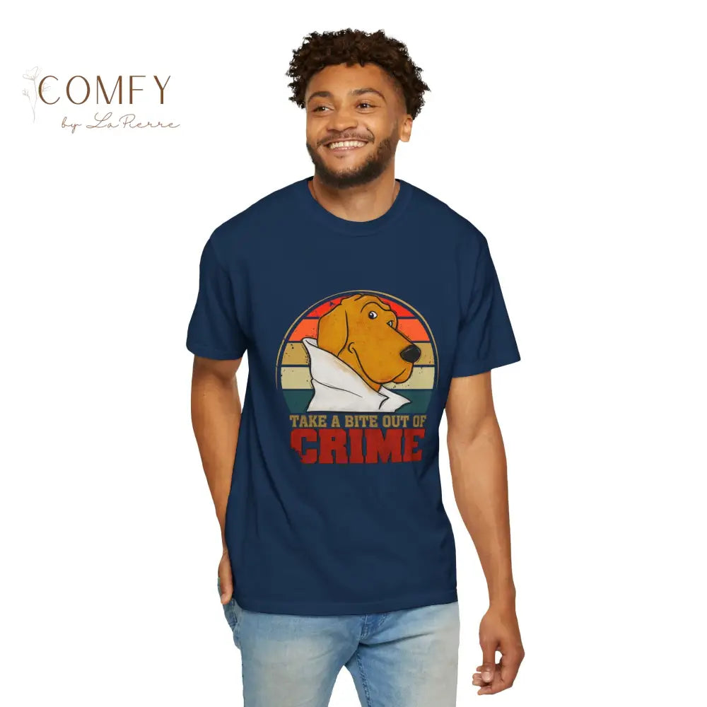 Retro Crime Dog Shirt • Vintage Crime Prevention Tee • 80s Style Mascot Graphic T-Shirt • Nostalgic Crime Dog Shirt