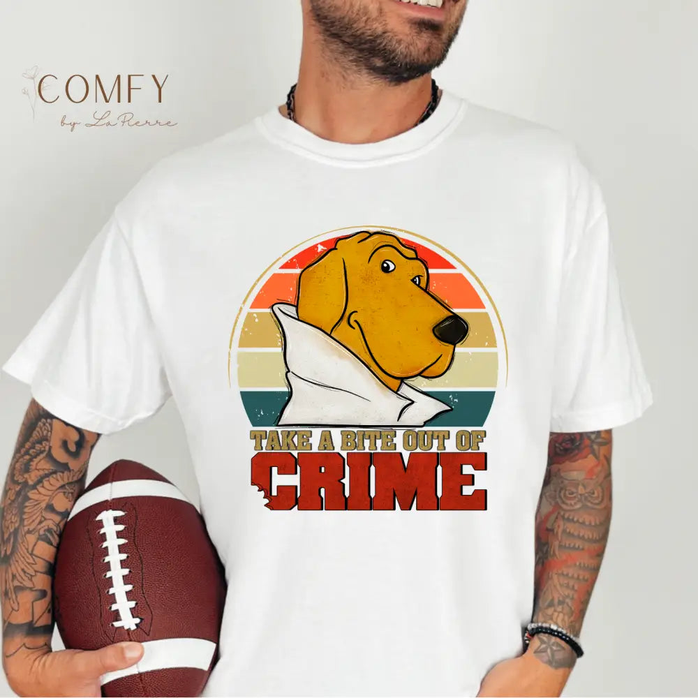 Retro Crime Dog Shirt • Vintage Crime Prevention Tee • 80s Style Mascot Graphic T-Shirt • Nostalgic Crime Dog Shirt